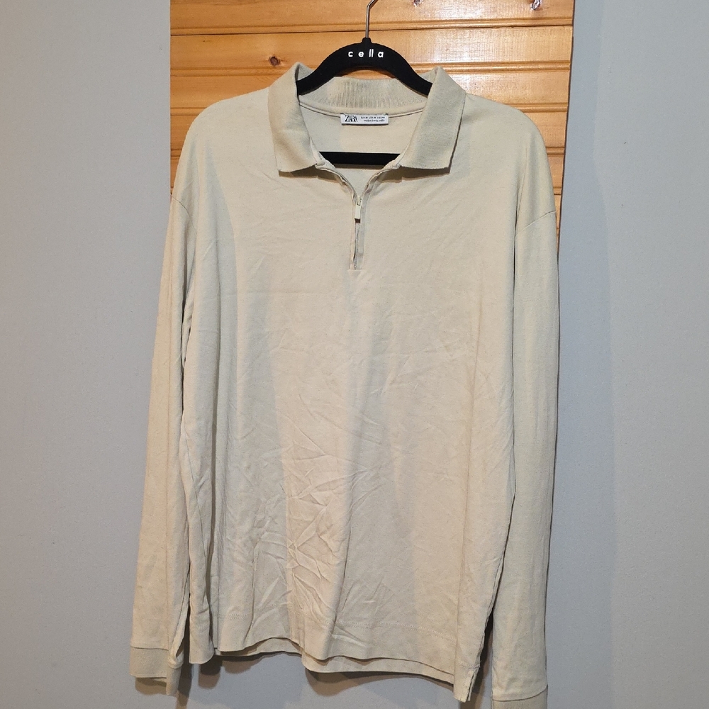 Zara Men's Quarter Zip Polo Shirt | Size M | Beige Cream | Minimalist |‎ EUC